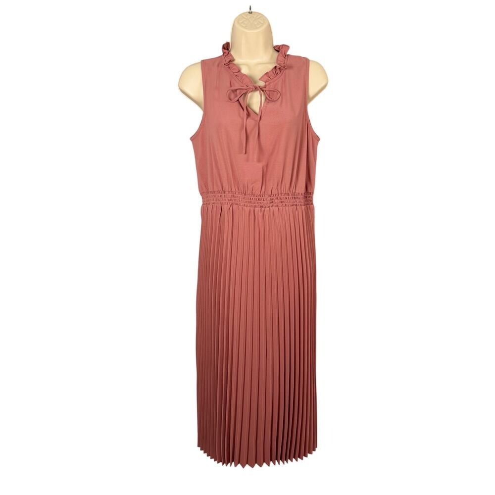 Gardenwed Midi Dress M Mauve Pink Accordion Pleat Smocked Ruffle Collar Keyhole